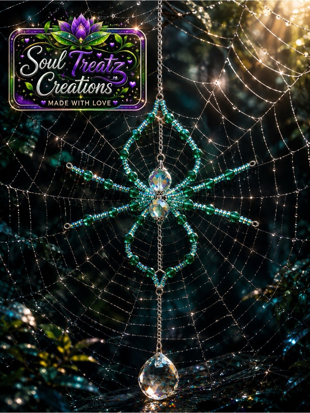 Emerald Green Beaded Spider Crystal Suncatcher